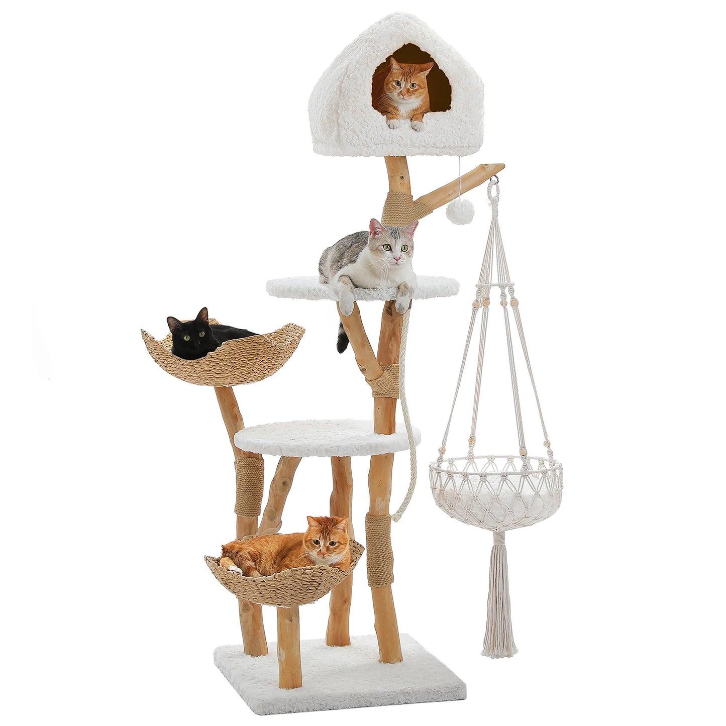 Modern Cat Tree with Solid Wood Scratching Posts Swing Hammock Large Cat Condo Wood Tall Cat Tower for Indoor with 2 Woven Basket Boho Luxury Pet Furniture Cat Toys