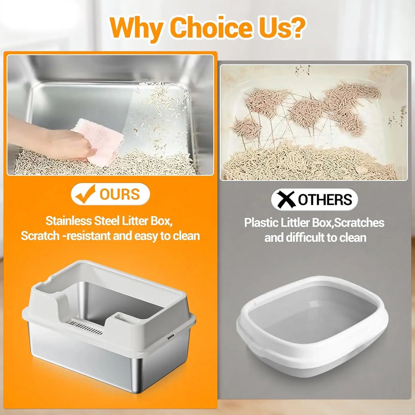 Extra Large Enclosed Stainless Steel Cat Litter Box,Metal Litter Pan High Wall Sides & Non-Stick Bottom Easy to Clean for Cats