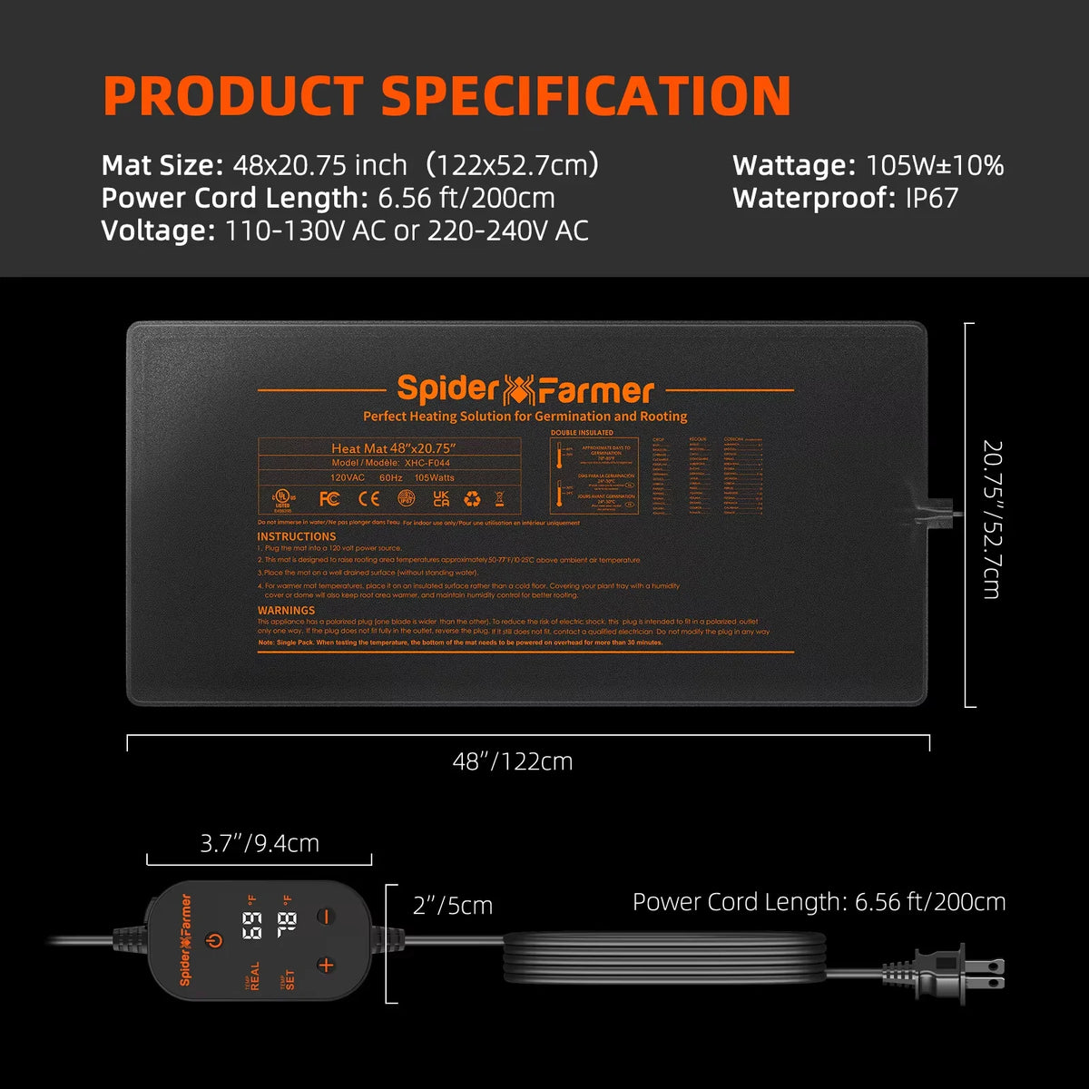 Spider Farmer 20"/48" Seedling Heat Mat Kit with Digital Thermostat Waterproof Indoor Plant & Hydroponics Growing Combo Set