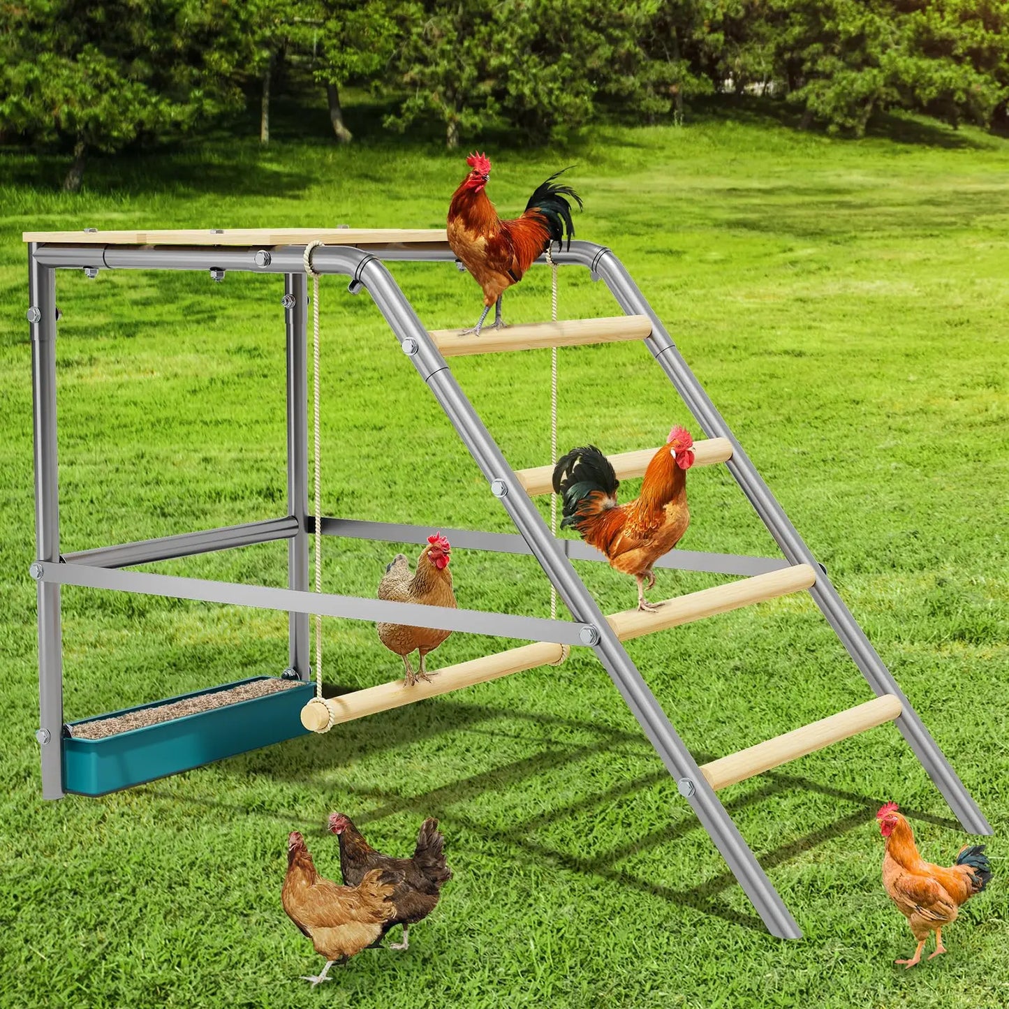 Multi-Tier Chicken Roost Galvanized Steel Perch With Wooden Rungs Durable Poultry Ladder For Hens Indoor Outdoor Coop Accessory