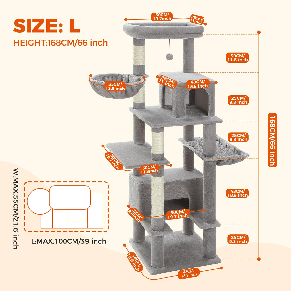 Cat Tree for Indoor Cats Large Adult, Cat Tower with Sisal-Covered Scratching Post, Super Large Metal Hammock and 2 Big Condos