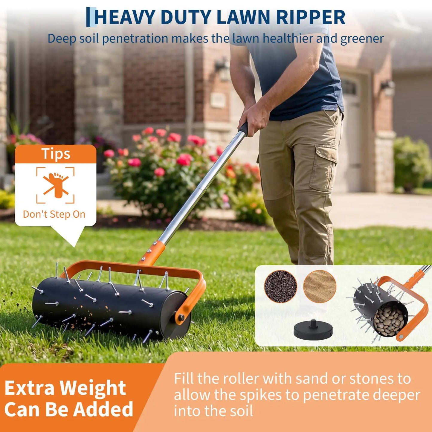 15/18-Inch Rolling Lawn Aerator, Heavy Duty Manual Spike Aerator Roller With 42/52 Spikes, 61/67'' Handle, Soil Penetrator