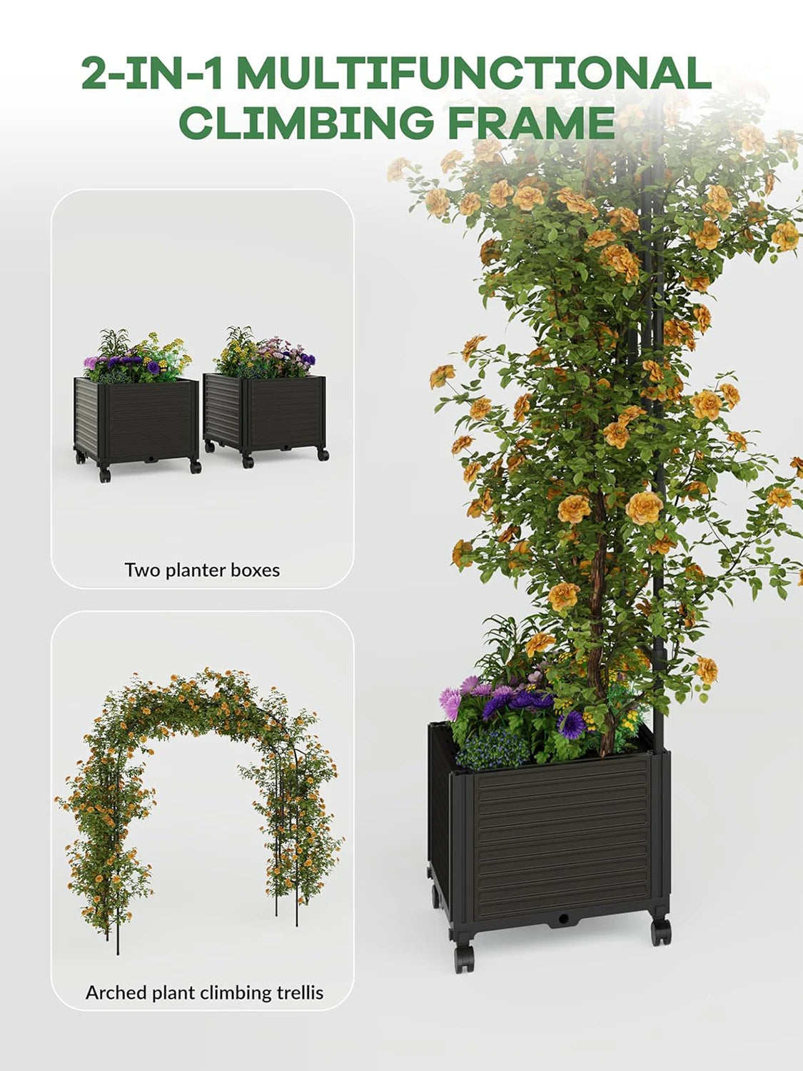 Metal Garden Arbor with Planter Boxes, Raised Planter Box for Climbing Plants, 94.5" H Garden Arch Trellis for Outdoor Backyard