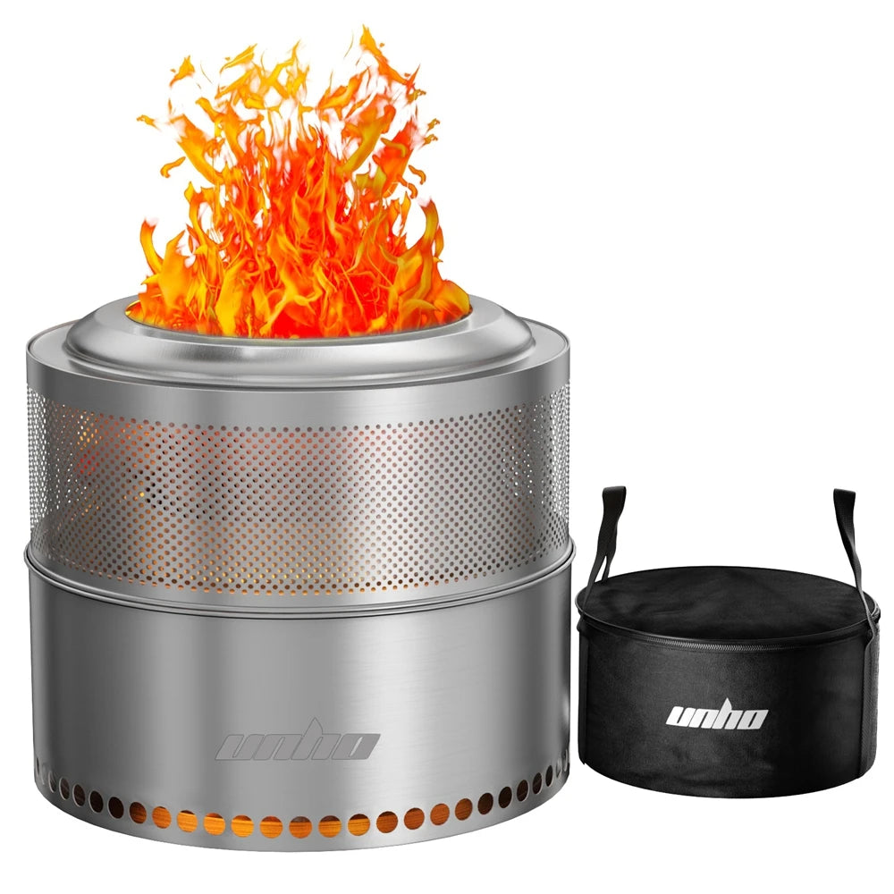 UNHO 19-inch Smokeless Fire Pit, Used for Outdoor Wood Burning, Portable 304 Stainless Steel Camping Stove, Perforated Fireplace, Suitable for Outdoor Heating, Hunting, Barbecue and Ice Fishing.