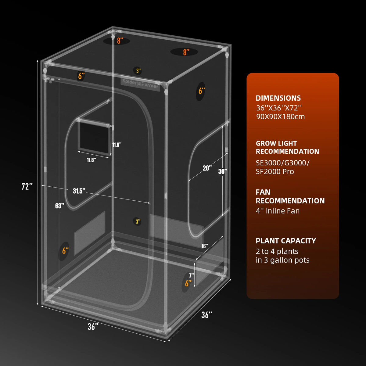 Spider Farmer 90cm X 90cm X 180cm Indoor Grow Tent 1680D Hydroponic Plant Room for Optimal Plant Growth & Climate Cont
