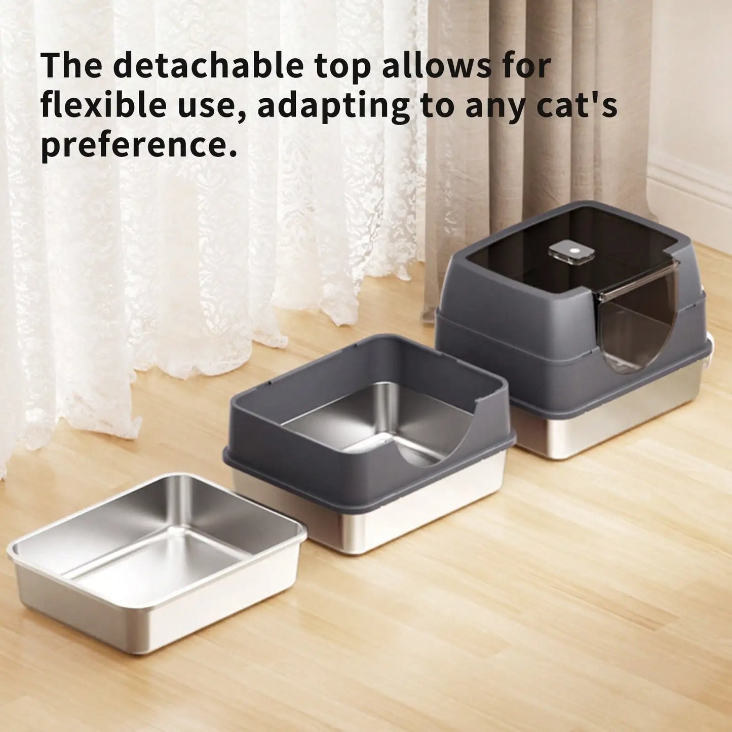 Extra Large Stainless Steel Litter Box With Lid, High Sided Enclosed Metal Cat Litter Pan, Dog Proof Front Entry Top Exit, Odor Control Easy Clean Leak Proof, Includes Mat, Scoop & Step