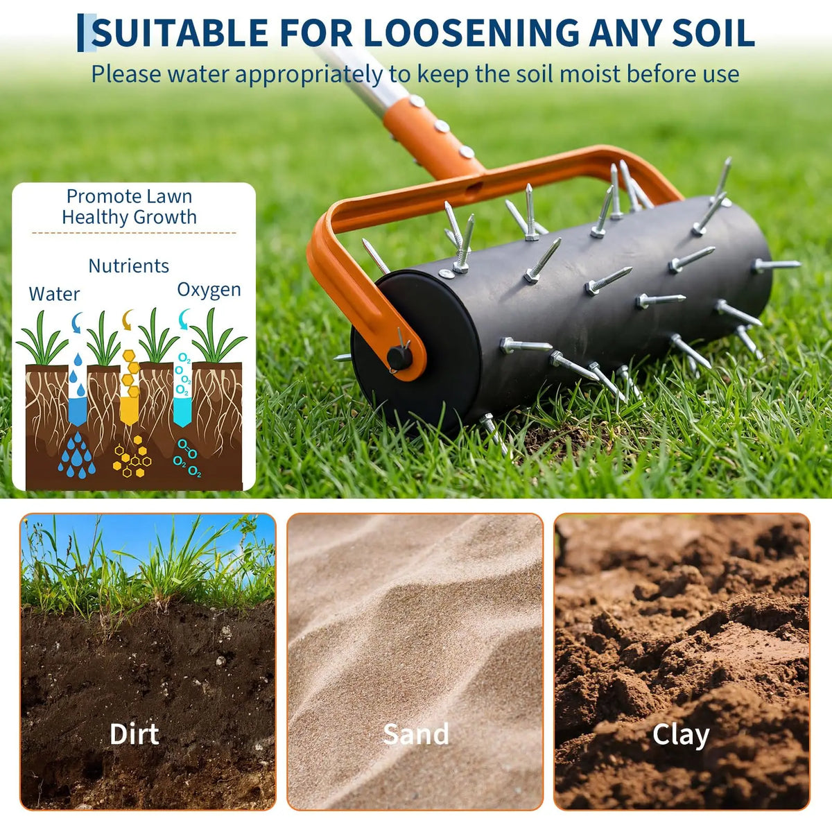 15/18-Inch Rolling Lawn Aerator, Heavy Duty Manual Spike Aerator Roller With 42/52 Spikes, 61/67'' Handle, Soil Penetrator