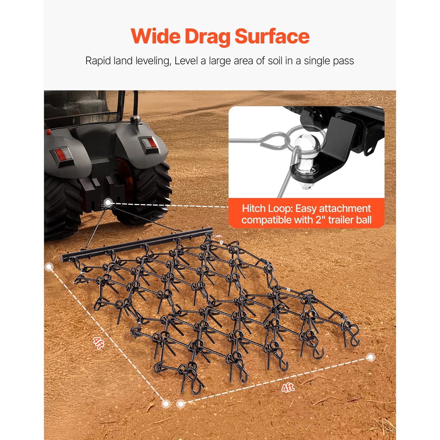 SucceBuy Drag Harrow 4 x 4ft Durable Chain Harrow with 69 Sharp Teeth for ATV UTV Tractor for Soil Preparation Seeding Smoothing