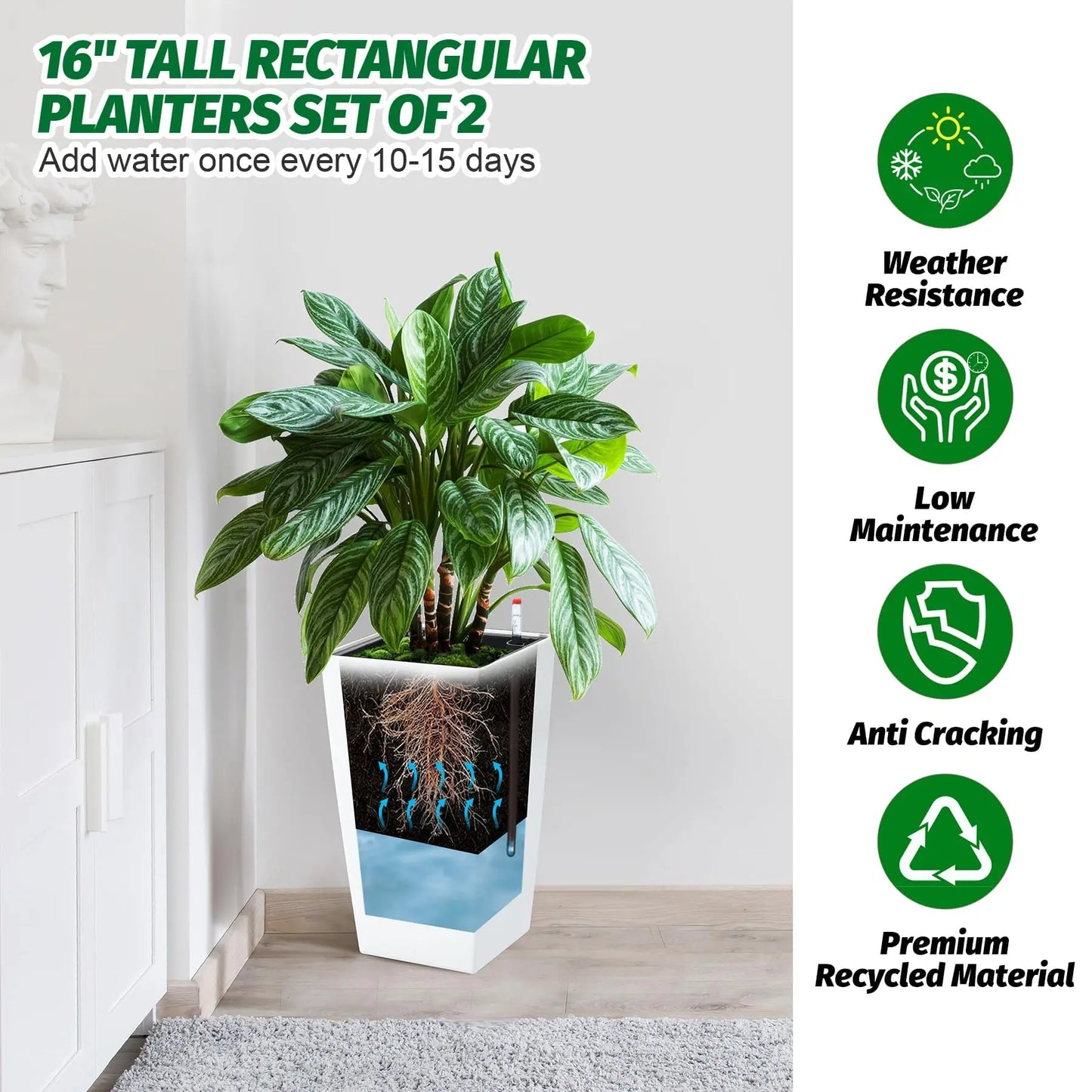 HiMISS Self Watering Planters Set For Indoor Outdoor Garden