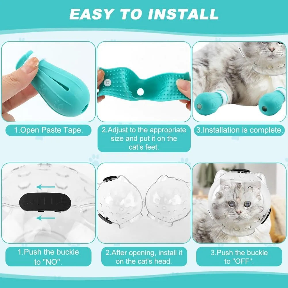 Cat Bubble Muzzle For Grooming, Bite Anti Licking Pet Grooming Helmet With 4 Silicone Anti-Scratch Paw Shoes