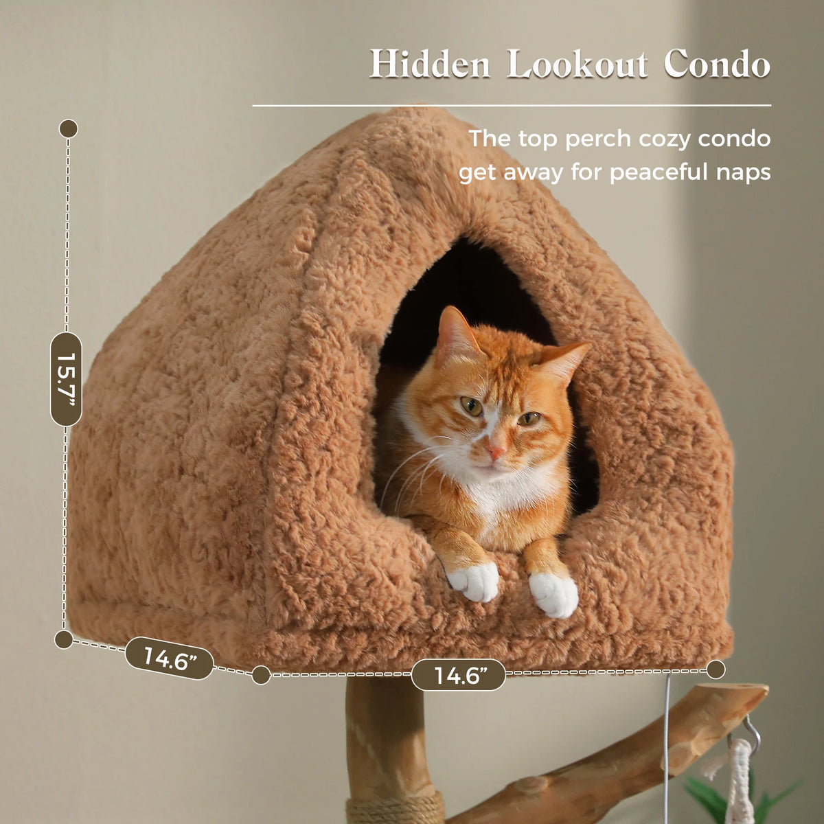 Modern Cat Tree with Solid Wood Scratching Posts Swing Hammock Large Cat Condo Wood Tall Cat Tower for Indoor with 2 Woven Basket Boho Luxury Pet Furniture Cat Toys