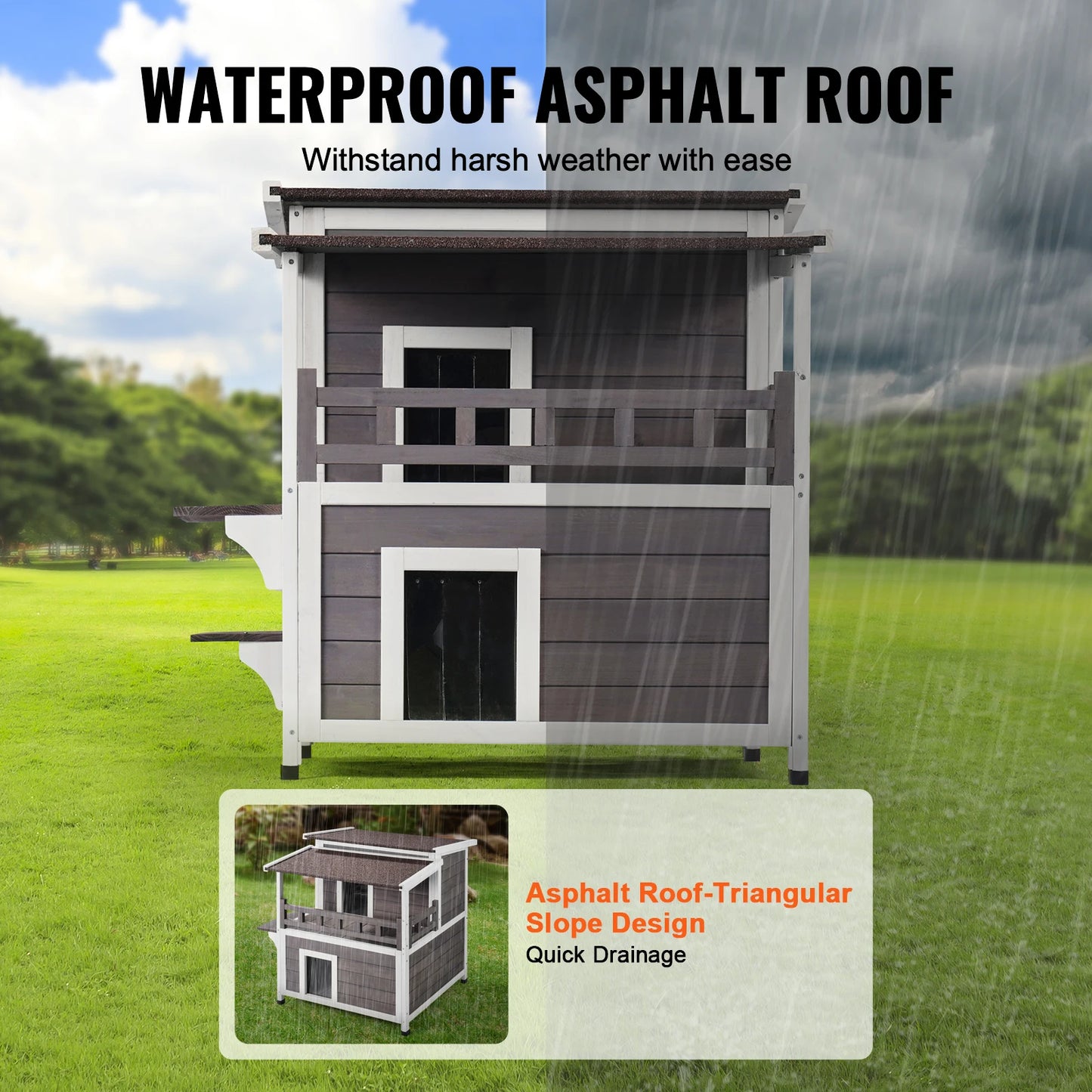 Weatherproof Two Story Wooden Outdoor Cat Shelter With Balcony