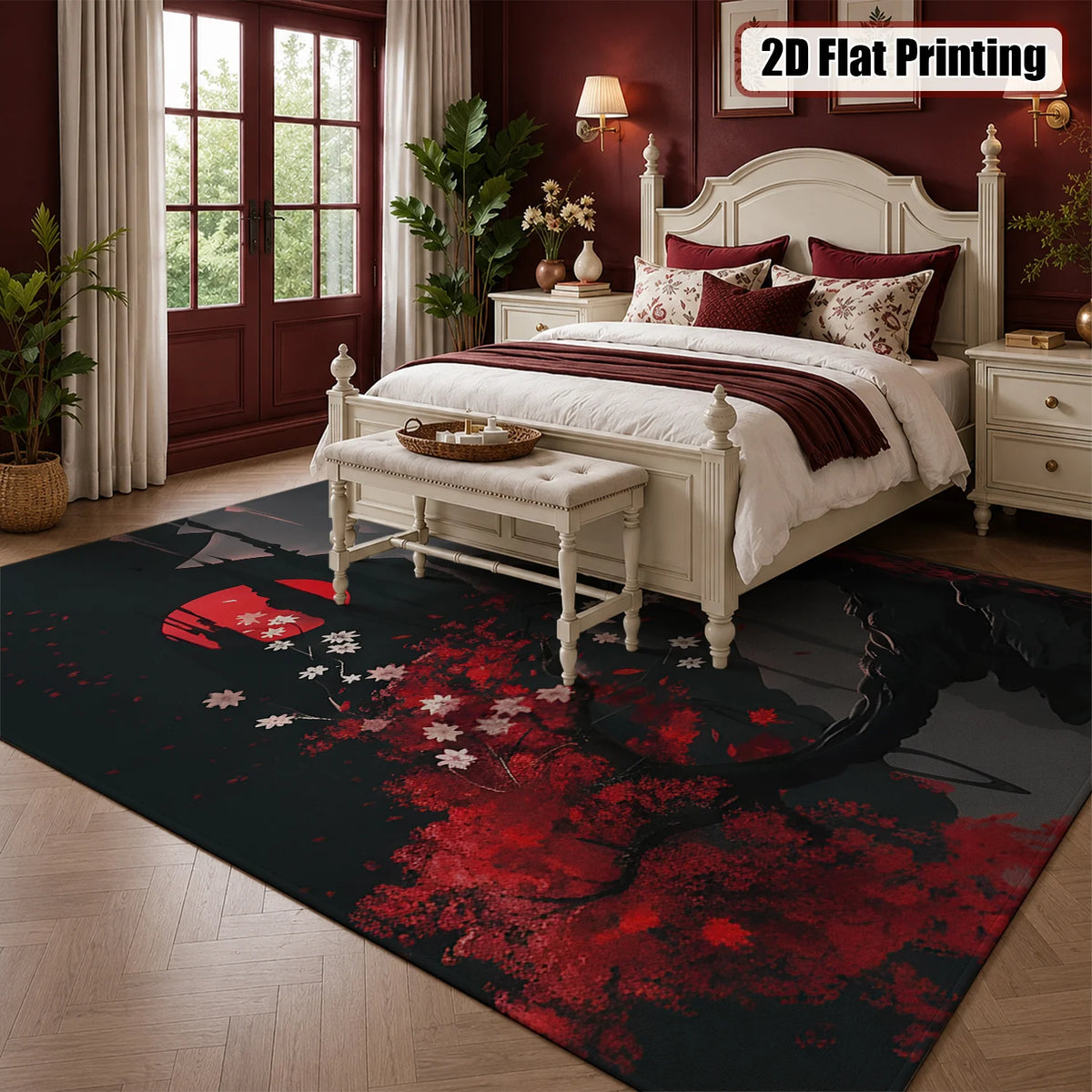 Machine Washable Velvet Japanese Cherry Blossom Mountain Area Rug