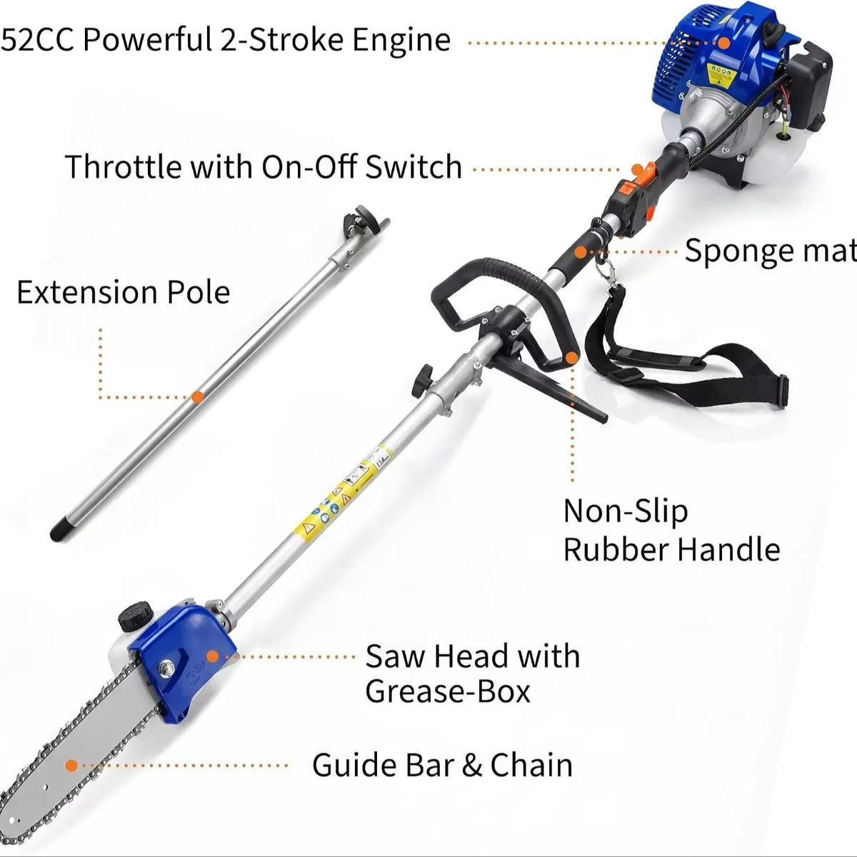 52/43 CC Gas Powered Pole Saw 2-Stroke Chainsaw 12" Bar 2.0HP 3000RPM Tree Trimmer Pruner 16ft Reach 1200ml Tank Shoulder Strap Ergonomic Handle for Garden Orchard Branch Cutting Logging Heavy Duty High Reach Landscaping Hedg