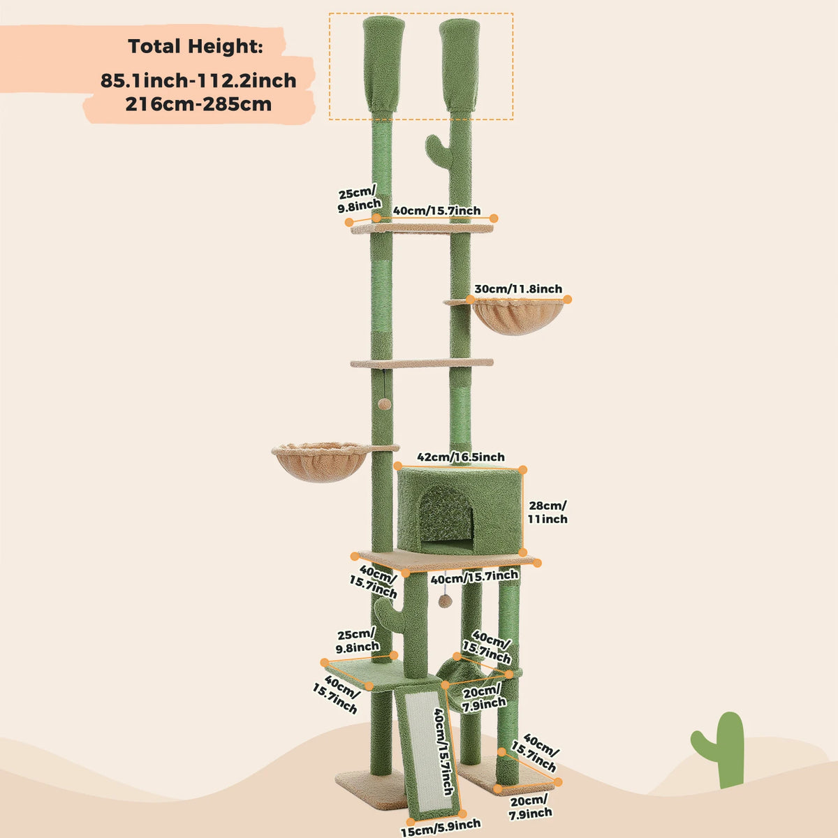 Cactus Cat Tree Floor to Ceiling Cat Tower with Sisal Scratching Post,Comfortable Hammock for Multi-Cat Homes,Cat Accessories