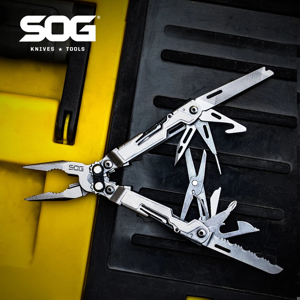 SOG 18 in 1 PowerPint Mini Multi-tool Compact Stainless Steel Lightweight EDC Multifunctional Hand Tools with Folding Pliers Pocket Knife Screwdrivers Scissors Bottle Opener For Outdoor Survival Fishing Cycling DIY Home Repai