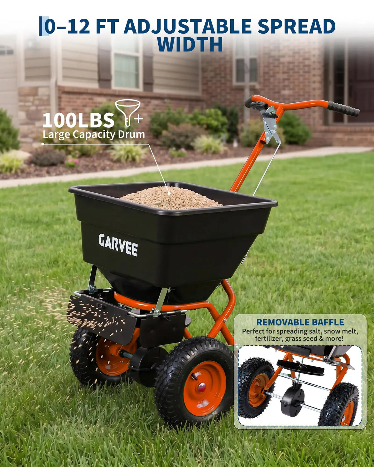 Push Lawn Spreader 100lb Broadcast Spreader With Rain Cover Gloves 12ft Spread Width Adjustable Seed Fertilizer Salt Spreader