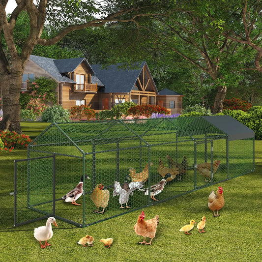 Metal Chicken Coop Heavy Duty Walk-in Chicken Runs with Doors and Anti-Uv Cover,Portable Poultry Cage Hen House Outdoor Backyard