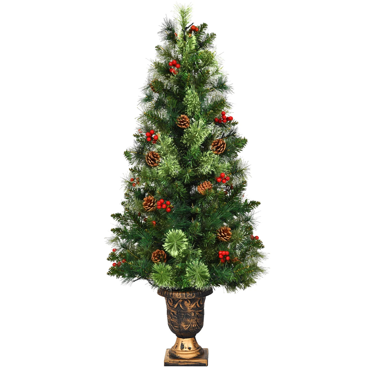 3/ 4/ 5Ft Pre-Lit PVC Artificial Christmas Entrance Tree w/ Clear Light &Gold Urn Base