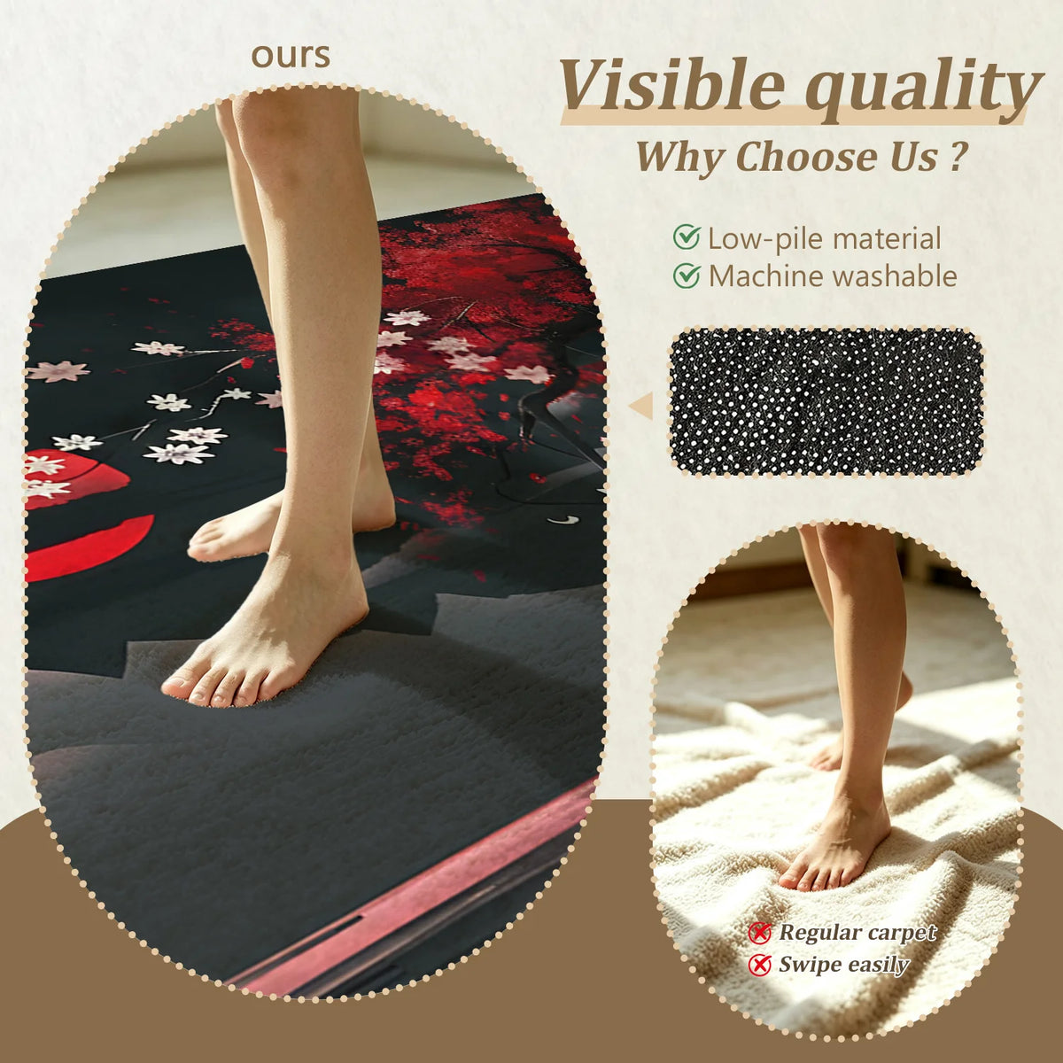 Machine Washable Velvet Japanese Cherry Blossom Mountain Area Rug