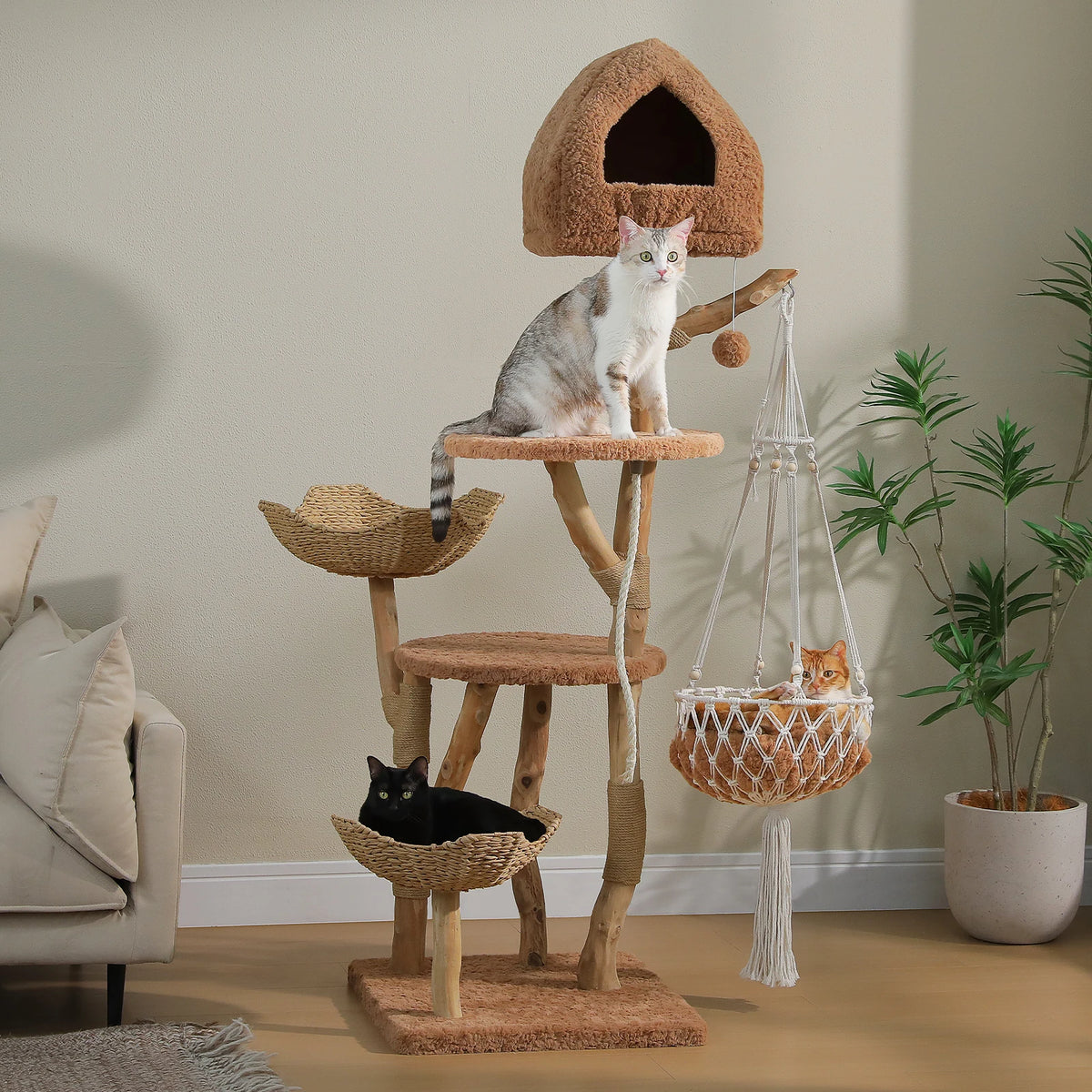 Modern Cat Tree with Solid Wood Scratching Posts Swing Hammock Large Cat Condo Wood Tall Cat Tower for Indoor with 2 Woven Basket Boho Luxury Pet Furniture Cat Toys