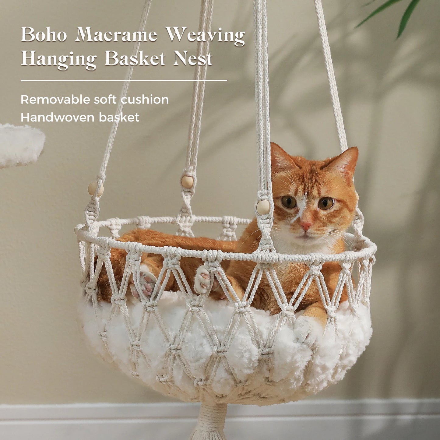Modern Cat Tree with Solid Wood Scratching Posts Swing Hammock Large Cat Condo Wood Tall Cat Tower for Indoor with 2 Woven Basket Boho Luxury Pet Furniture Cat Toys