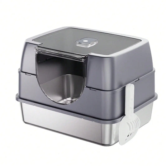 Extra Large Stainless Steel Litter Box With Lid, High Sided Enclosed Metal Cat Litter Pan, Dog Proof Front Entry Top Exit, Odor Control Easy Clean Leak Proof, Includes Mat, Scoop & Step