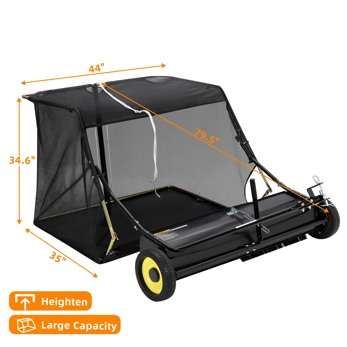 42 Inch 44 Inch Lawn Sweeper Tow Behind, 24 cu.ft. Large Pull Behind Grass Sweeper, Heavy Duty Leaf & Grass Collector with Dumping Rope Design, Adjustable Sweeping Height for Picking Up Debris & Grass