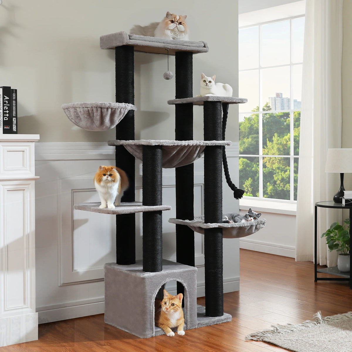 Large Cat Tree with 7 Thick Sisal Scratching Posts Big Hammocks Tall Cat Tower for Indoor Cats Large Adult with Spacious Condo