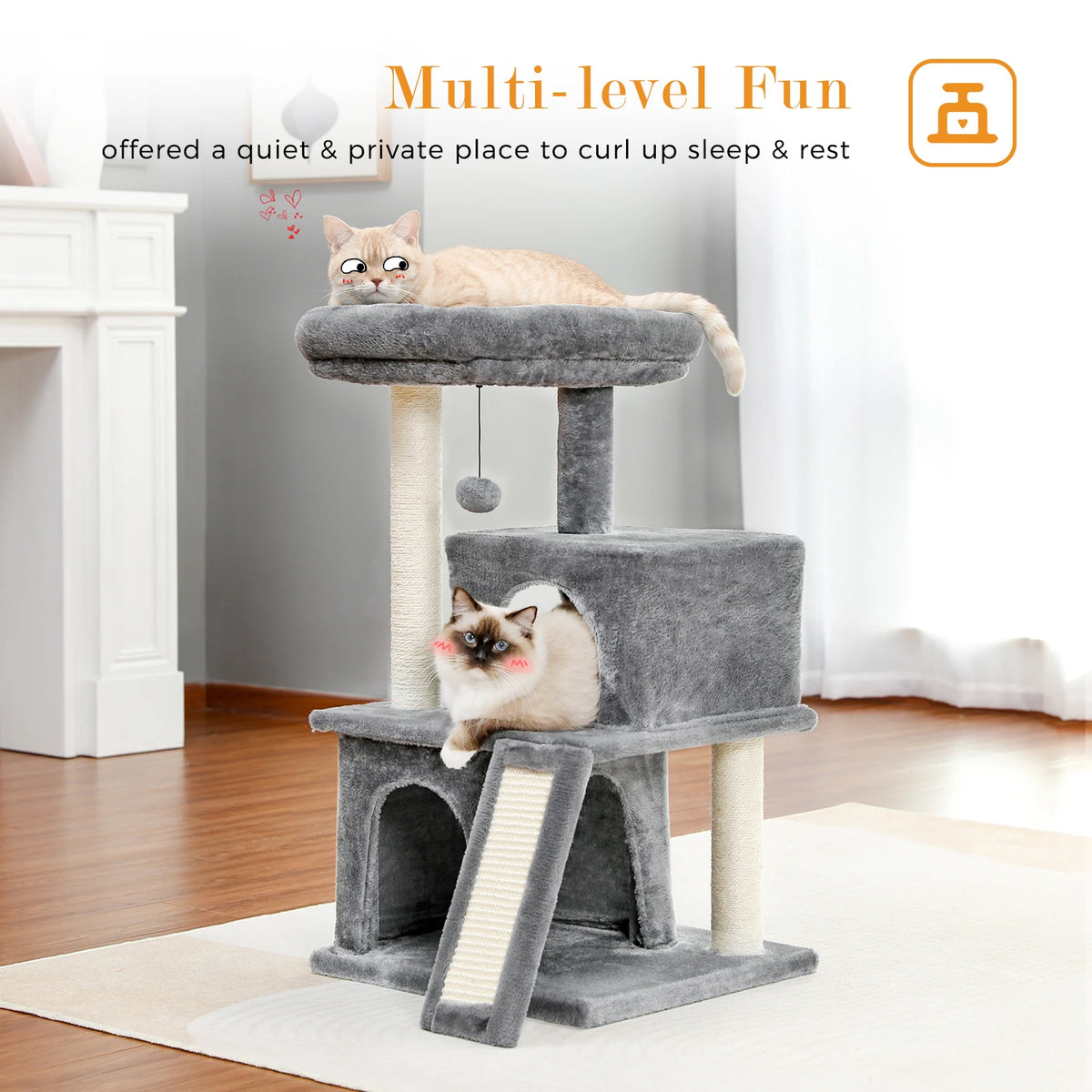 Cat Tree Multilevel Cat Tower with Double Condos, Spacious Perch, Fully Wrapped Scratching Sisal Post and Replaceable Balls
