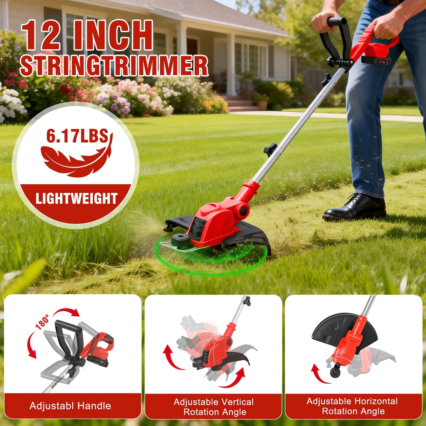 Cordless Rotatable String Trimmer With Dual Battery And Charger