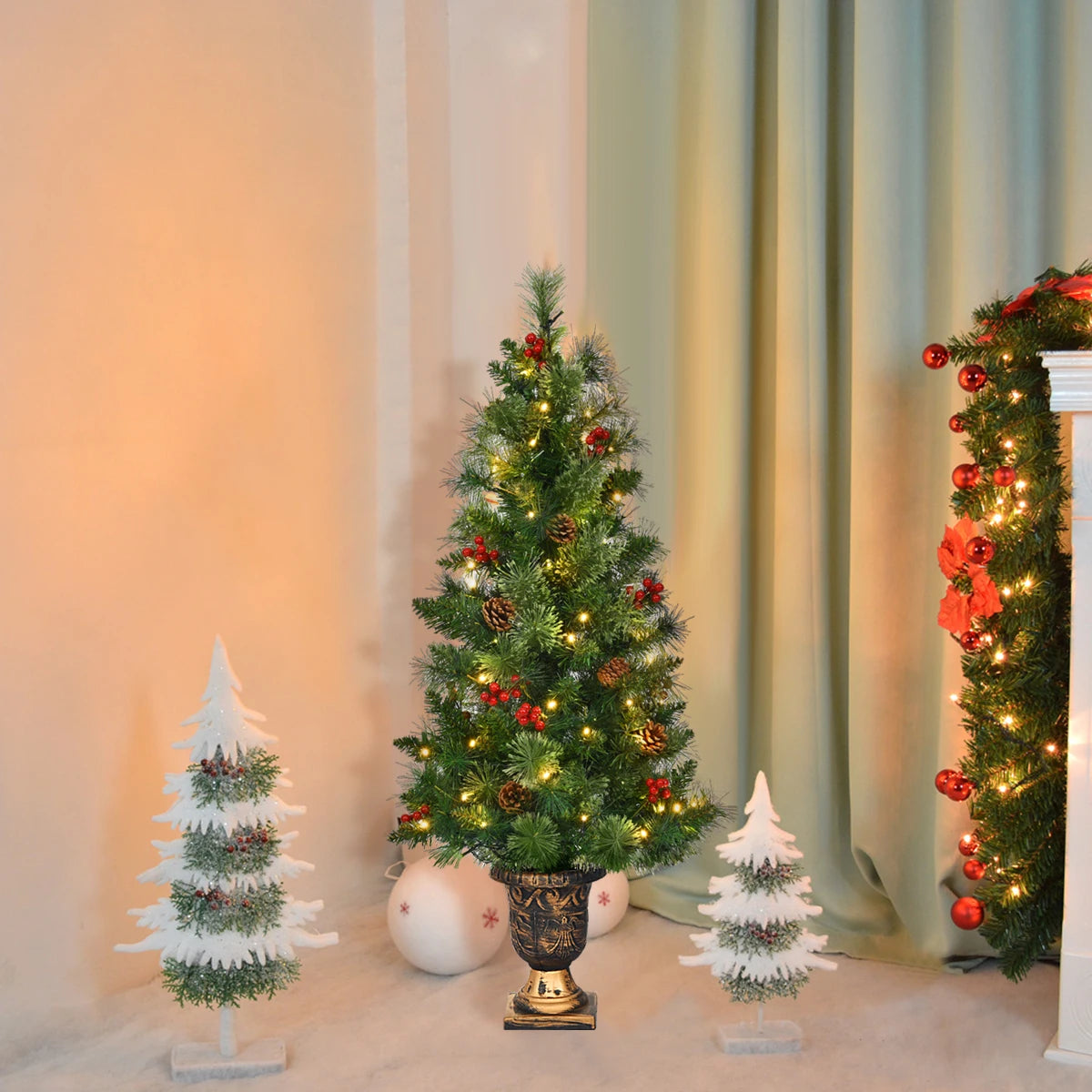 3/ 4/ 5Ft Pre-Lit PVC Artificial Christmas Entrance Tree w/ Clear Light &Gold Urn Base