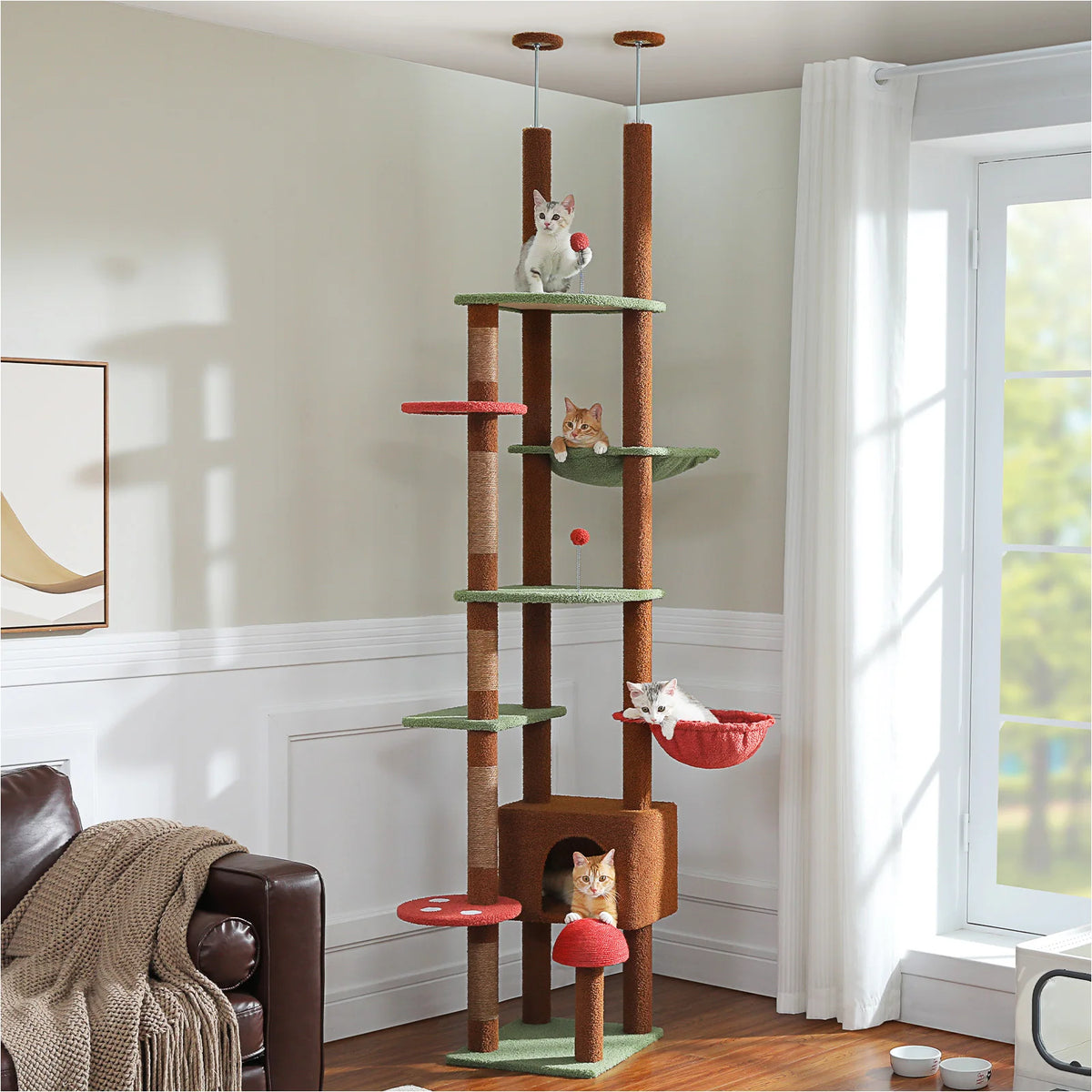 Brown Mushroom-Shaped Design Cat Tower Ceiling Height Cat Tree Tower Adjustable Cat Tree with Super Large Perch&Hammock,Cat Toy