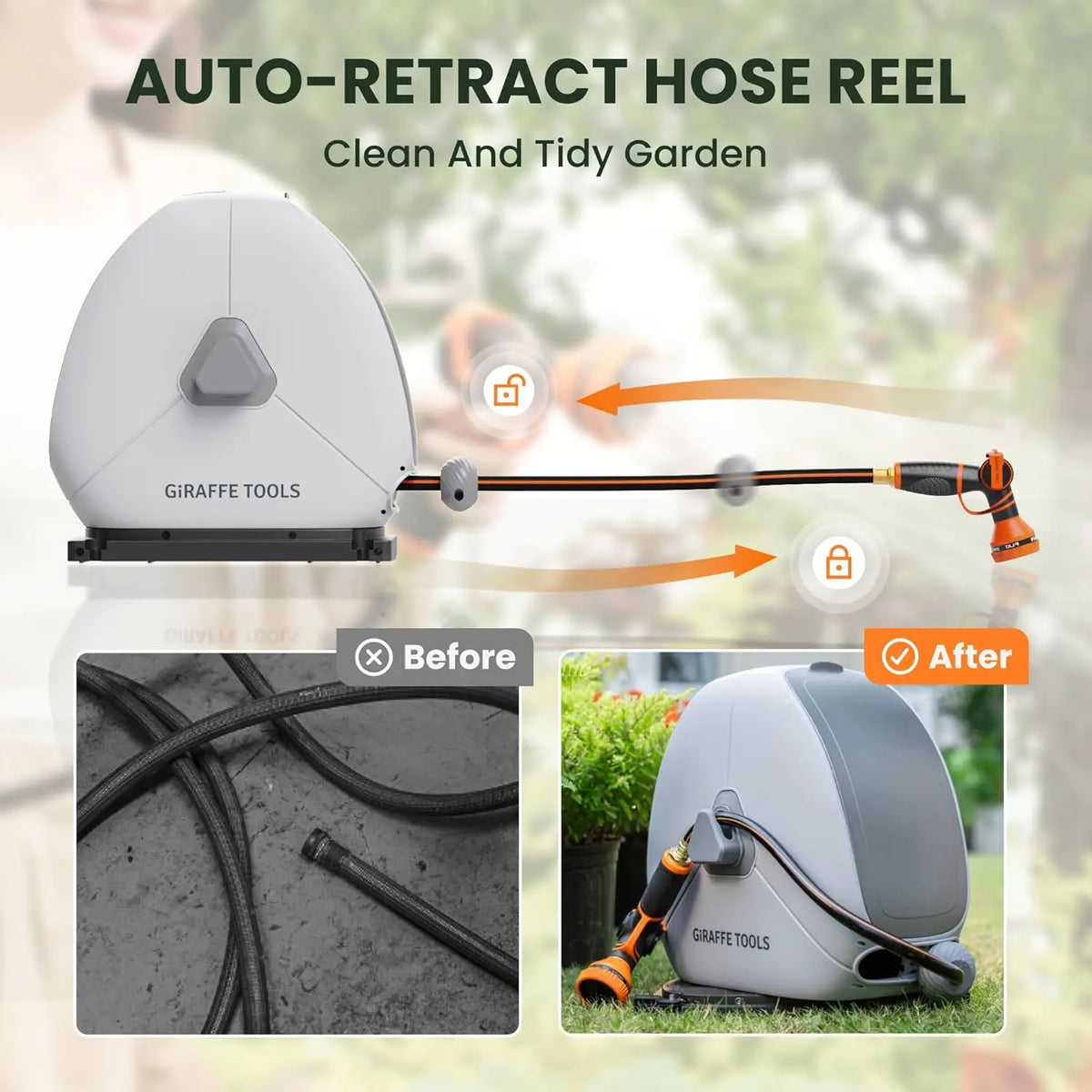 Giraffe Tools Retractable Hose Reel 1/2 Inch x 82FT,Heavy Duty Ground Mount Garden Hose Reel, Automatic Rewind, Any Length Lock