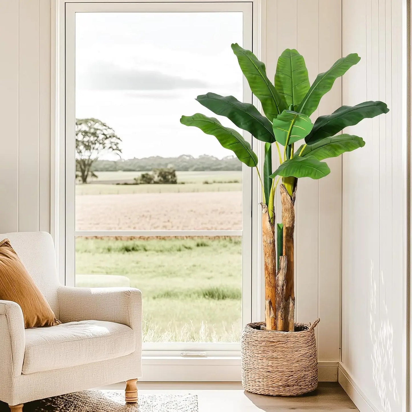 5FT/6FT Artificial Banana Tree,Tall Faux Tropical Plant in Grey Planter, Lifelike Fake Banana Tree for Home Office Living Room Entryway Patio
