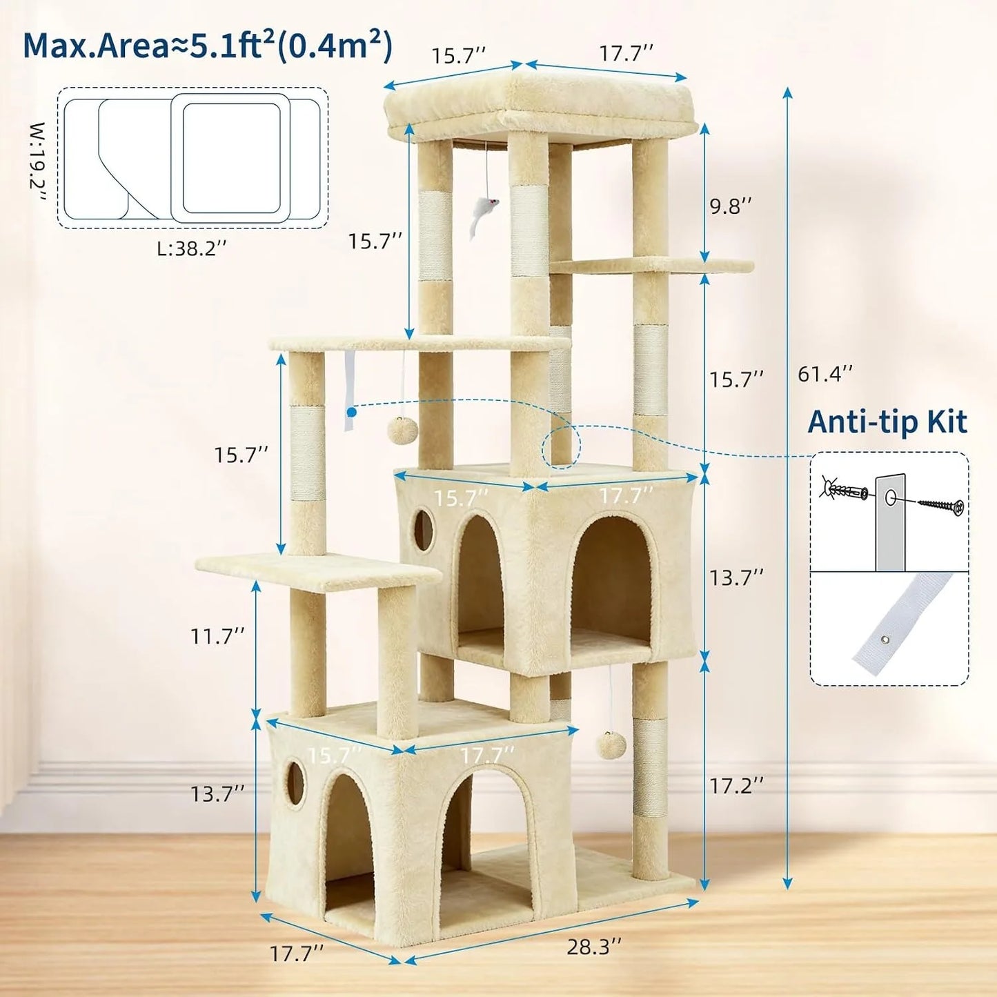 61 Inch Large Cat Tree Tower with 7 Scratching Posts 2 Cat Condos Top Perch Multi Level Cat Climbing Tree Furniture with Hanging Toys Anti Toppling Design for Indoor Cats Multi Cat Homes
