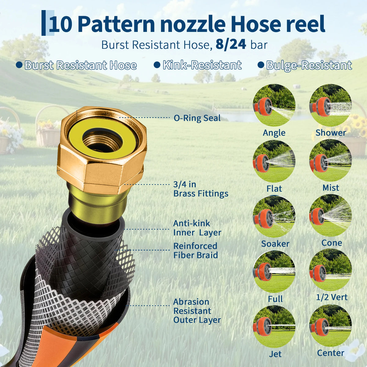 Retractable Garden Hose Reel, 1/2" In Mesh PVC Water Hose Reels with 10-Function Spray Nozzle, Automatic Slow Retraction System, Any Length Lock for Garden, Yard & Outdoor Watering