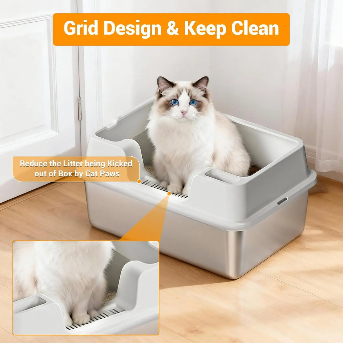 Extra Large Enclosed Stainless Steel Cat Litter Box,Metal Litter Pan High Wall Sides & Non-Stick Bottom Easy to Clean for Cats