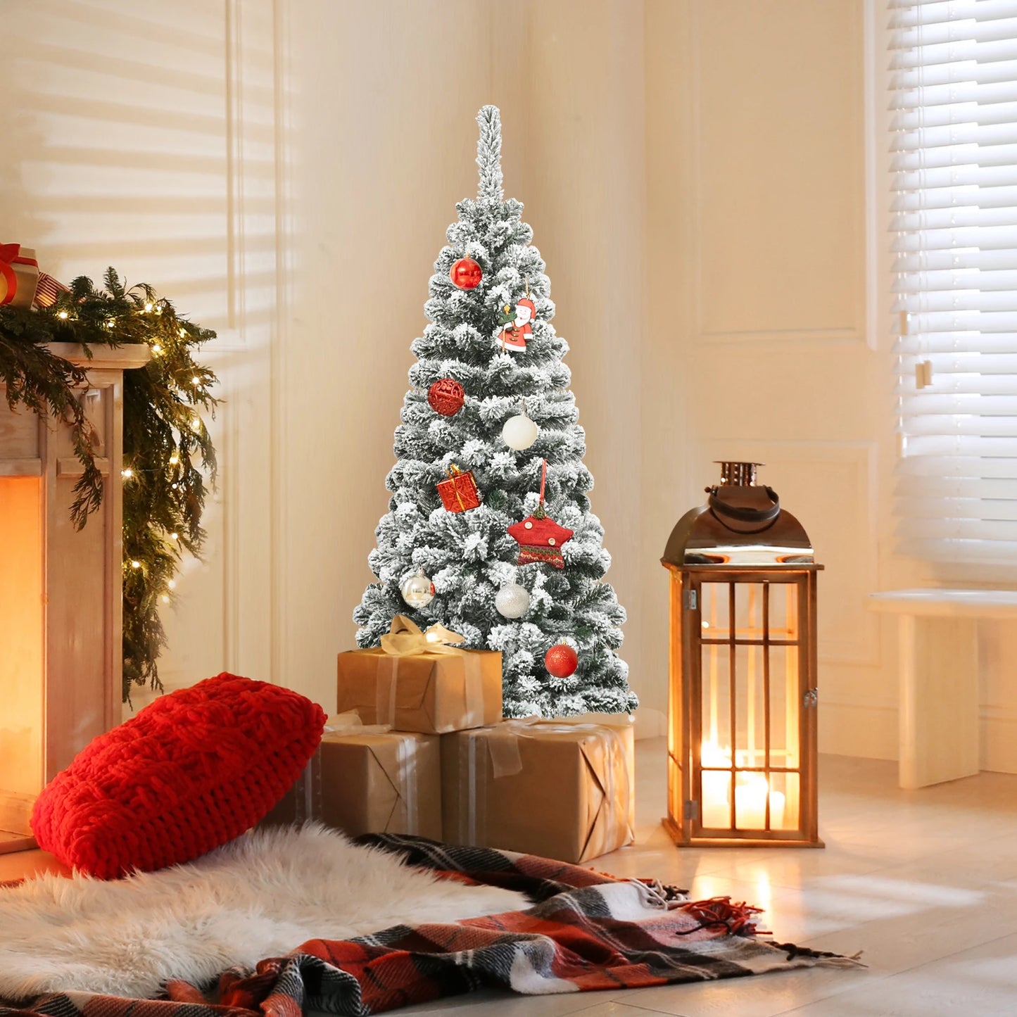 4. 5/ 6/ 7. 5 FT Snow Flocked Christmas Tree, Slim Hinged Pine Tree for Holiday Decoration, Home, Office, Party, Easy Assembly
