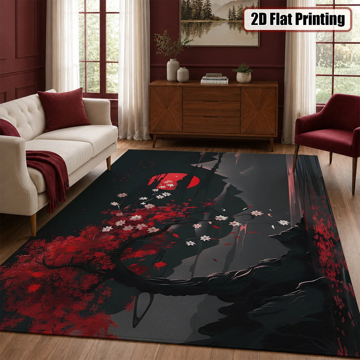Machine Washable Velvet Japanese Cherry Blossom Mountain Area Rug