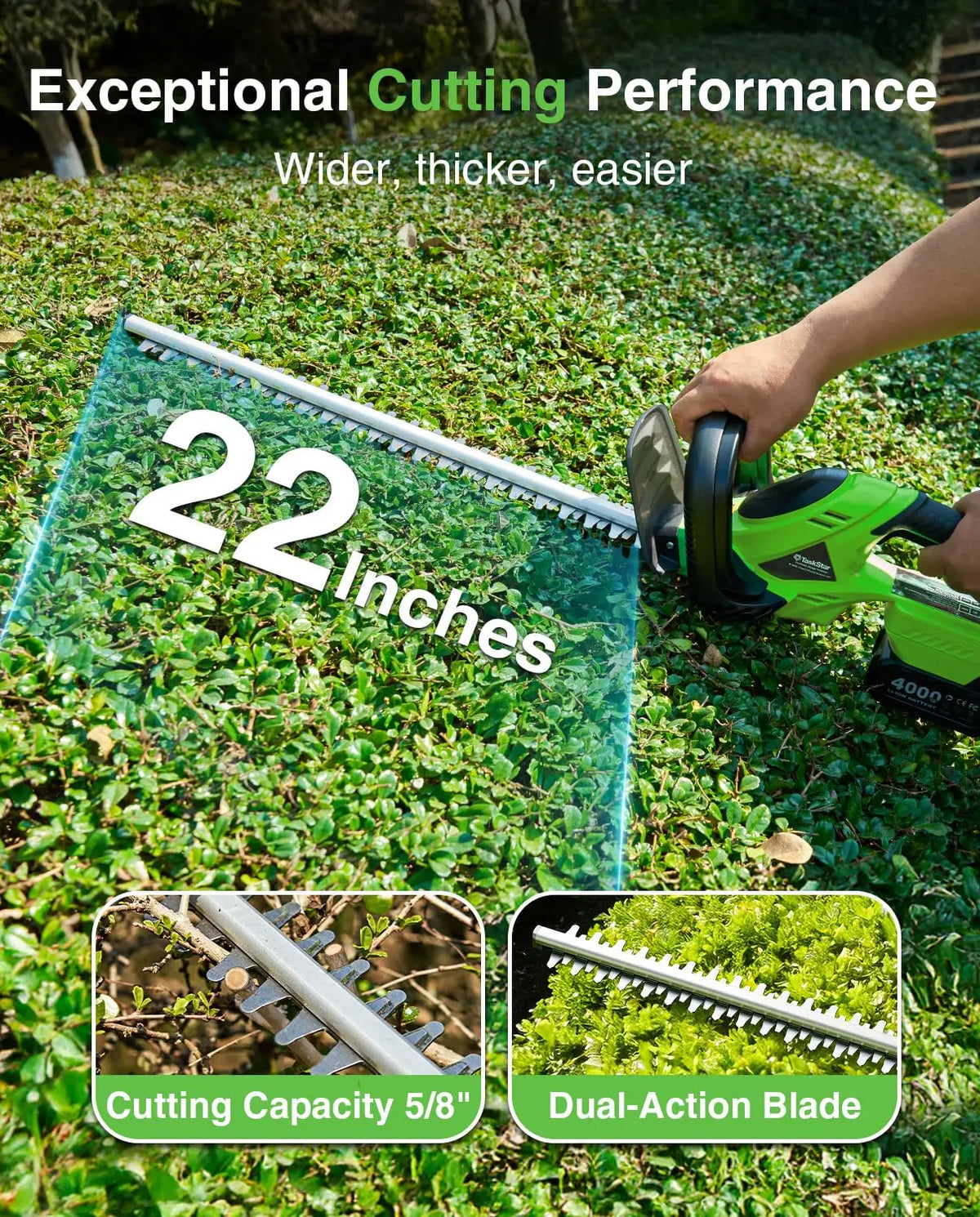 TaskStar Electric Hedge Trimmer 22 Inch Cordless Bush Trimmer 550MM Double Edge Blade for Yard Trimming Landscaping Gardening Hedge Shears with 2 4.0Ah Rechargeable Batteries