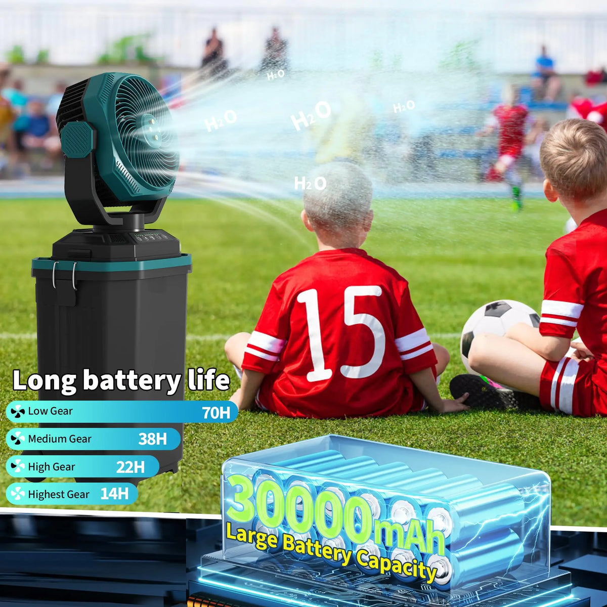 15L Portable Misting Bucket Fan 30000mAh Rechargeable Mister Fan With Remote Oscillating Wheels For Patio Beach Camping Golf
