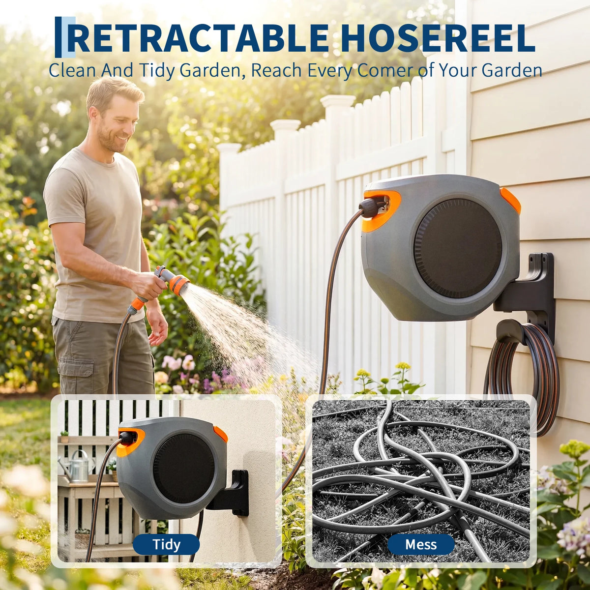 Retractable Garden Hose Reel, 1/2" In Mesh PVC Water Hose Reels with 10-Function Spray Nozzle, Automatic Slow Retraction System, Any Length Lock for Garden, Yard & Outdoor Watering