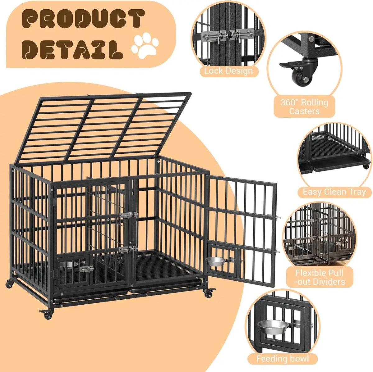 Garvee Heavy Duty Dog Crate With Wheels And Removable Tray