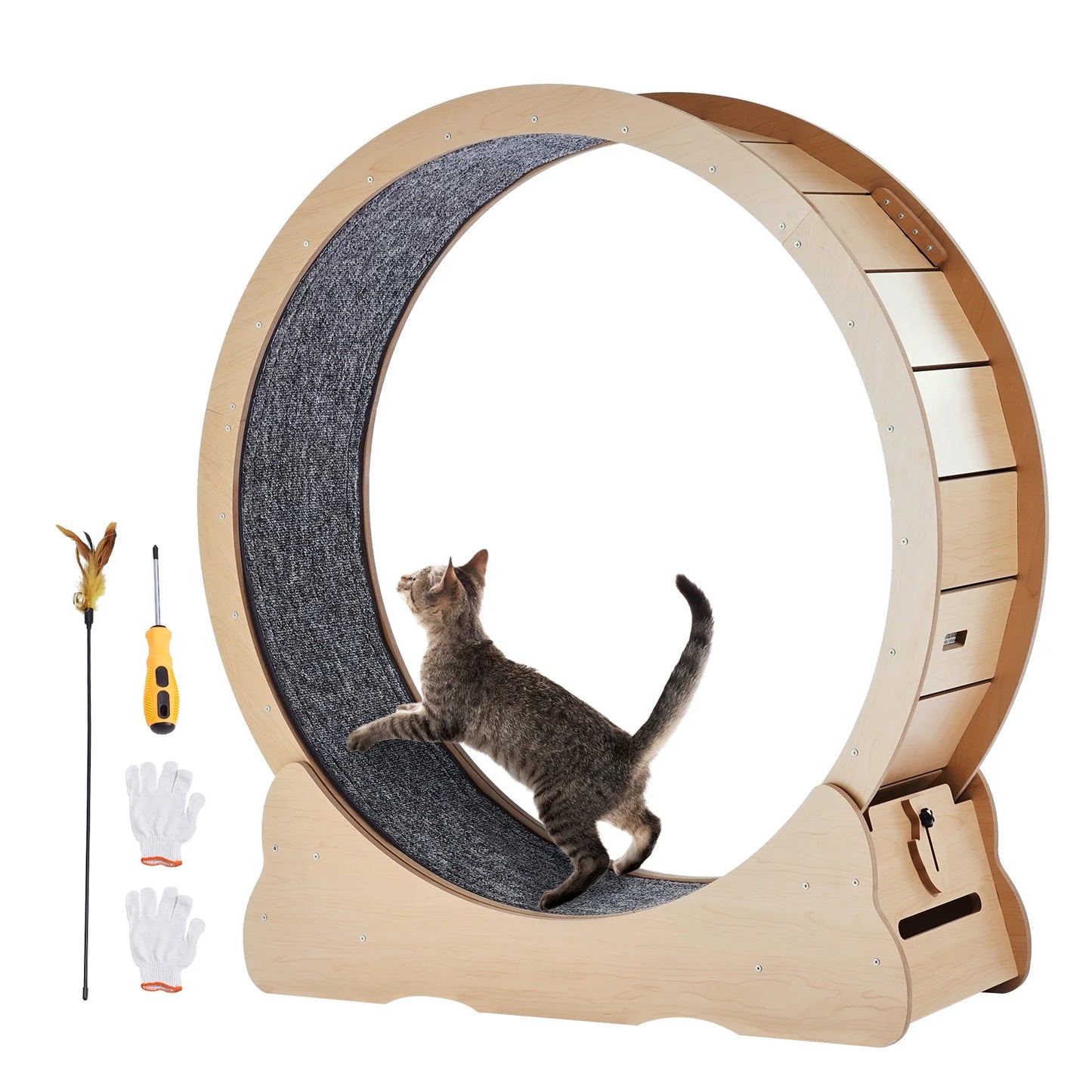 SucceBuy Wooden Cat Exercise Wheel Large Cat Treadmill Wheel for Indoor Cats Cat Running Wheel with Detachable Carpet&Cat Teaser