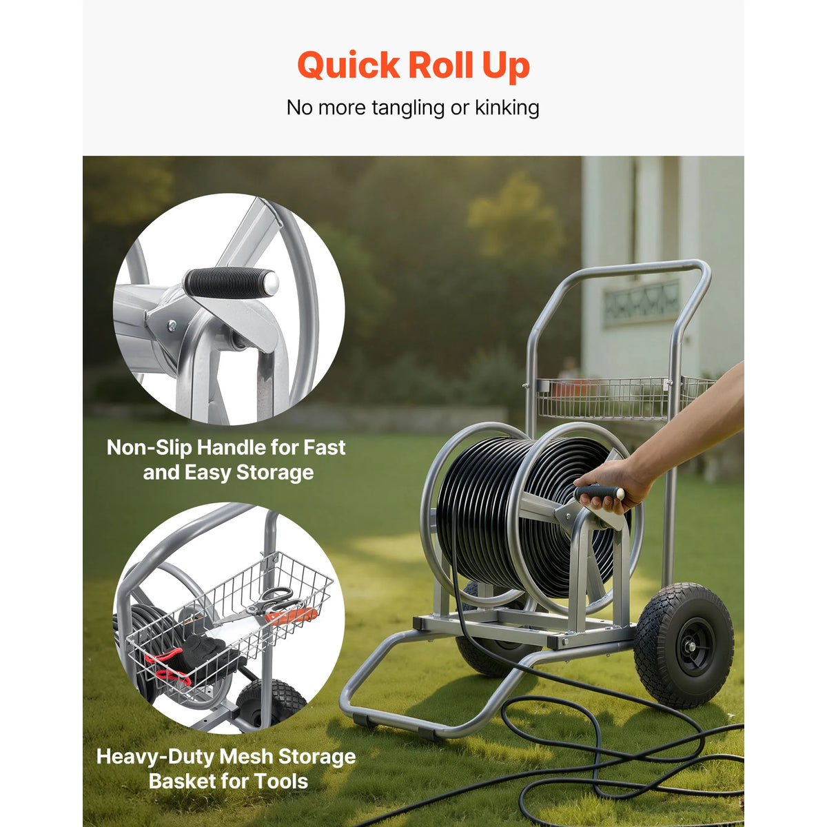 SucceBuy Water Hose Reel Cart 200/300ft High-Pressure Garden Hose Cart with Two Wheels Handle & Mesh Storage Basket for Garden