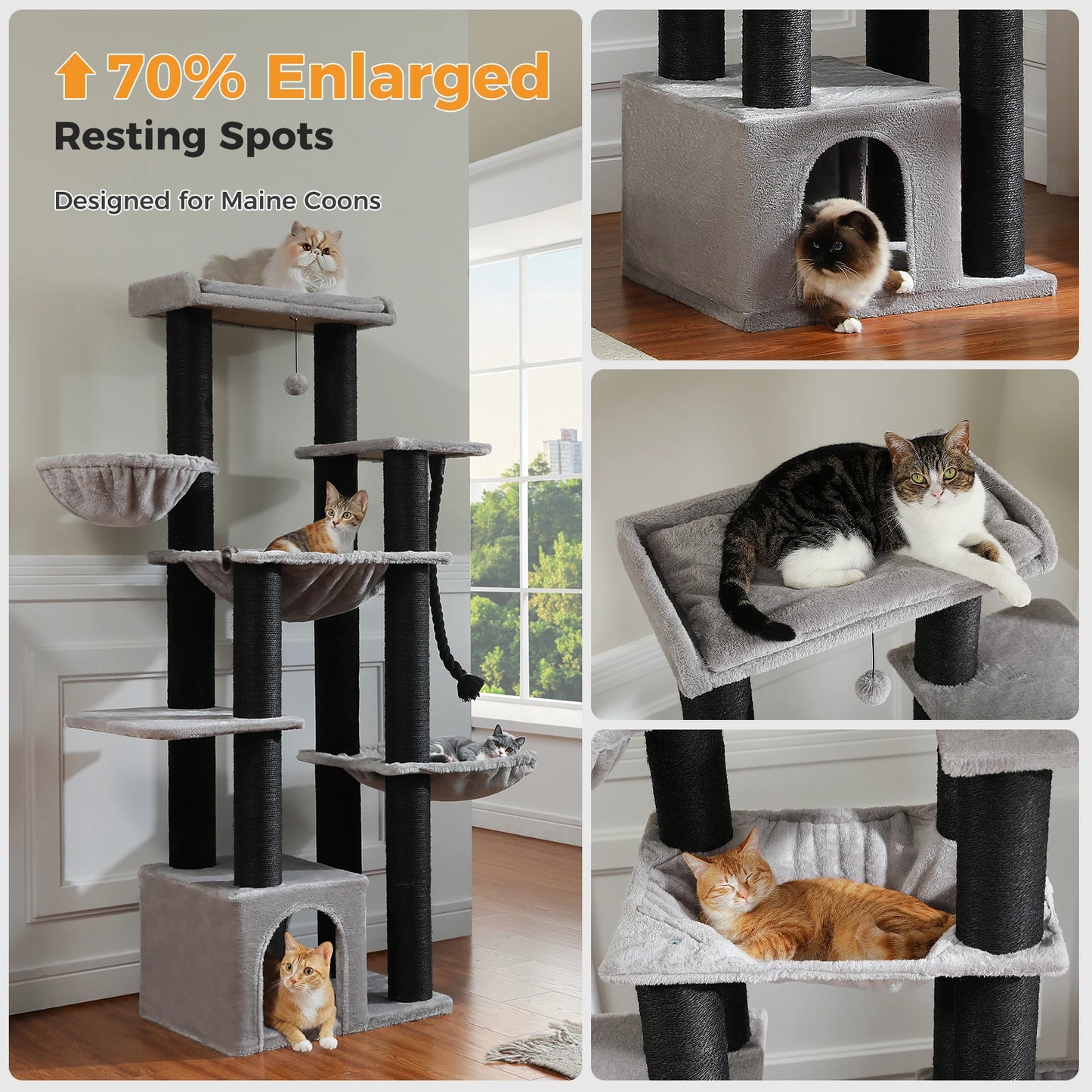 Large Cat Tree with 7 Thick Sisal Scratching Posts Big Hammocks Tall Cat Tower for Indoor Cats Large Adult with Spacious Condo