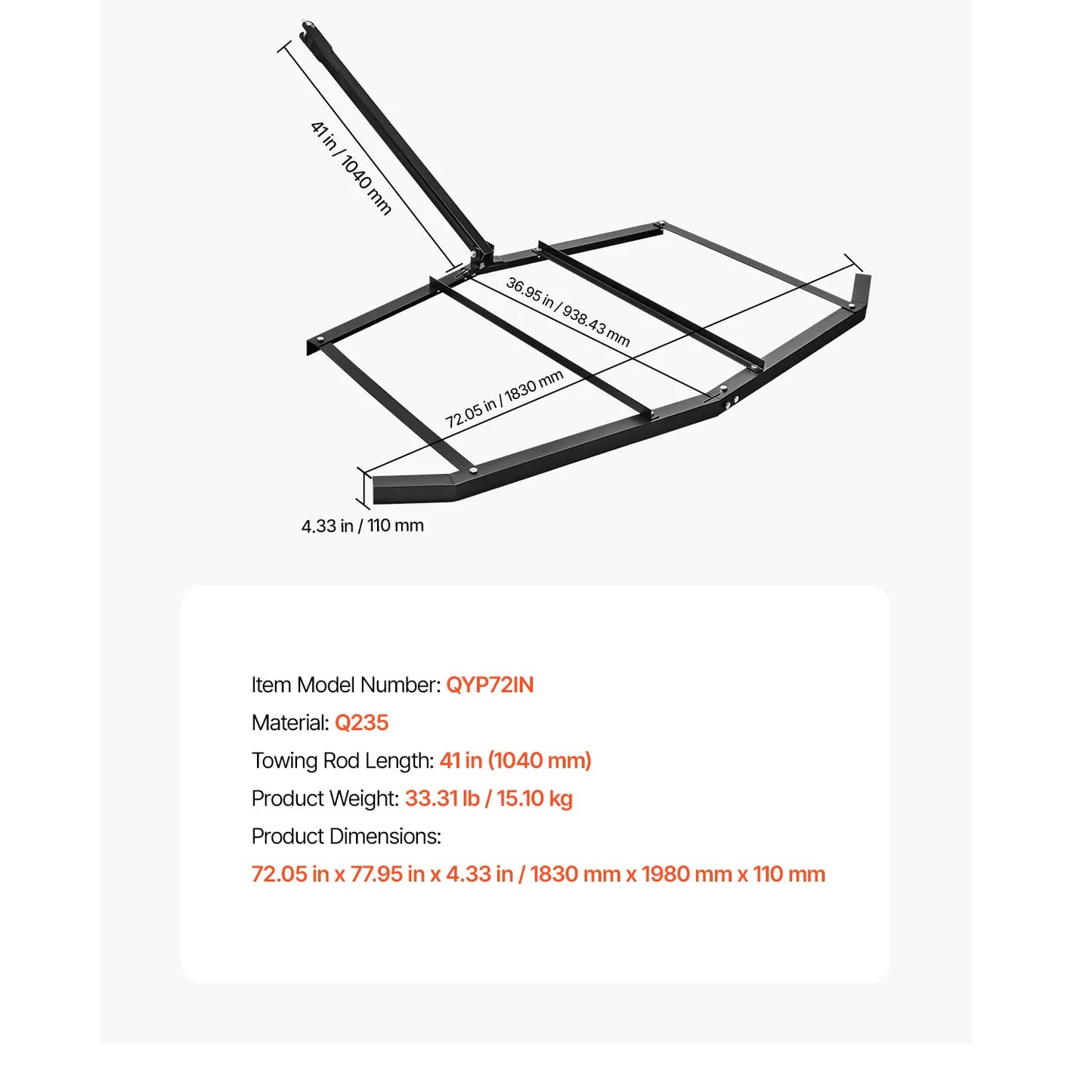 SucceBuy Drag Harrow Tow Behind Drag Harrow Q235 Steel Driveway Grader with Pin-Style Hitch for ATVs UTV Garden Lawn Tractor