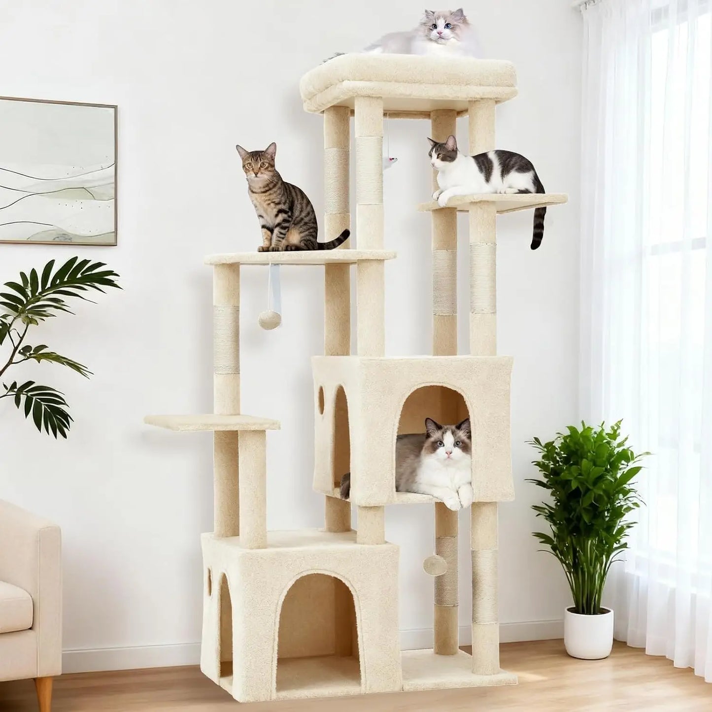 61 Inch Large Cat Tree Tower with 7 Scratching Posts 2 Cat Condos Top Perch Multi Level Cat Climbing Tree Furniture with Hanging Toys Anti Toppling Design for Indoor Cats Multi Cat Homes