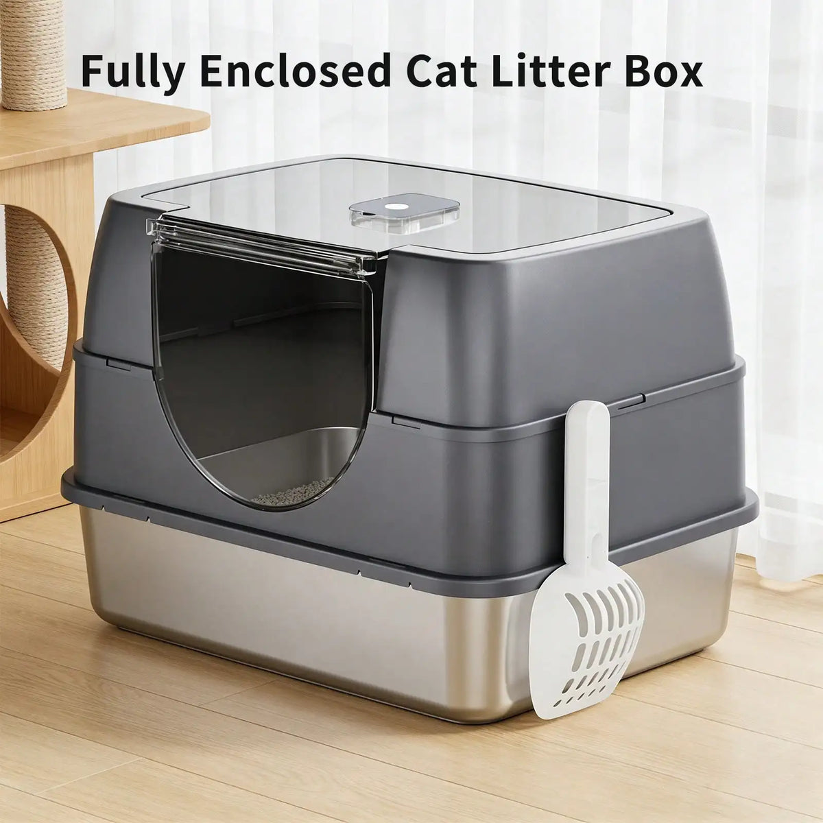 Extra Large Stainless Steel Litter Box With Lid, High Sided Enclosed Metal Cat Litter Pan, Dog Proof Front Entry Top Exit, Odor Control Easy Clean Leak Proof, Includes Mat, Scoop & Step